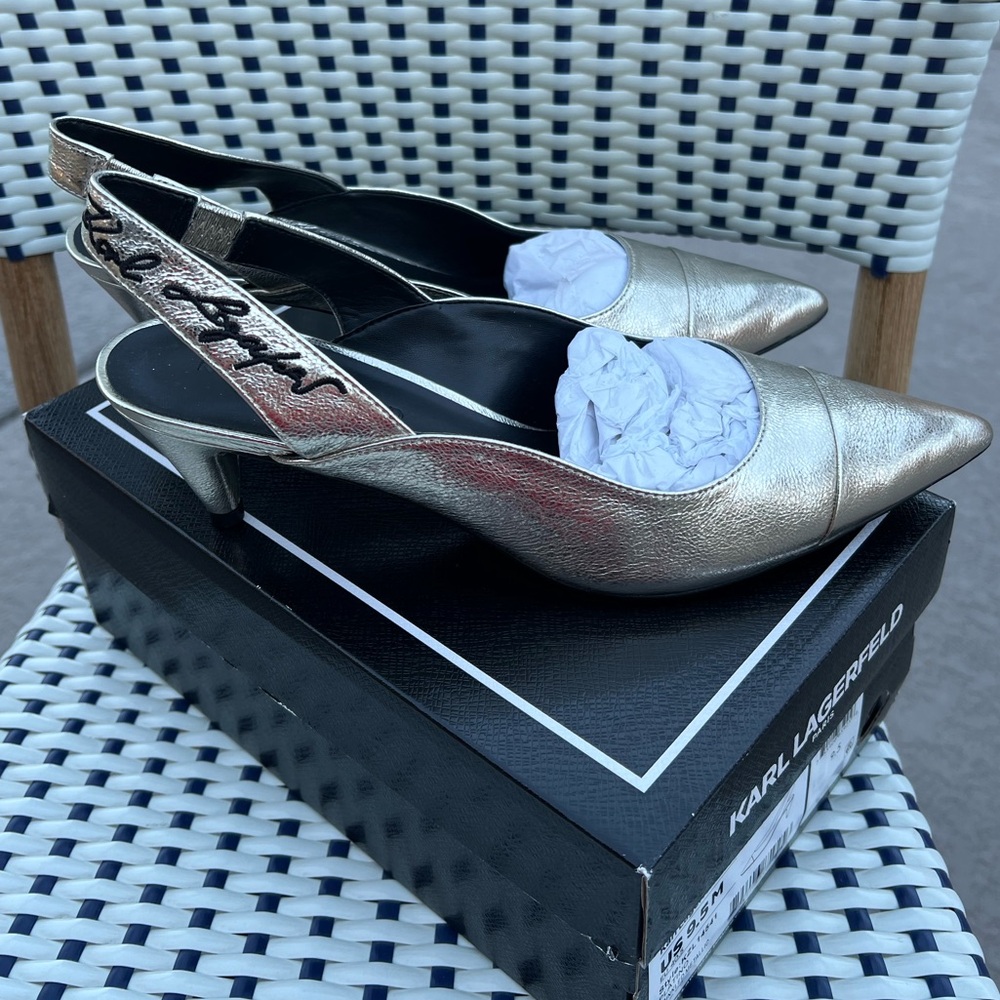 Karl Lagerfeld Paris sling back crinkled metallic pumps